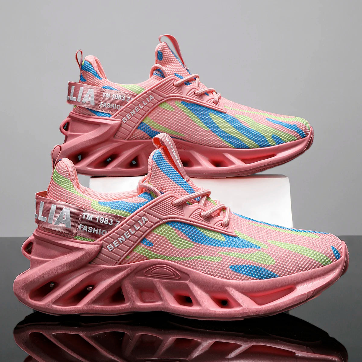 Blue anime-inspired running shoes for men and women with lace-up closure and stylish design.