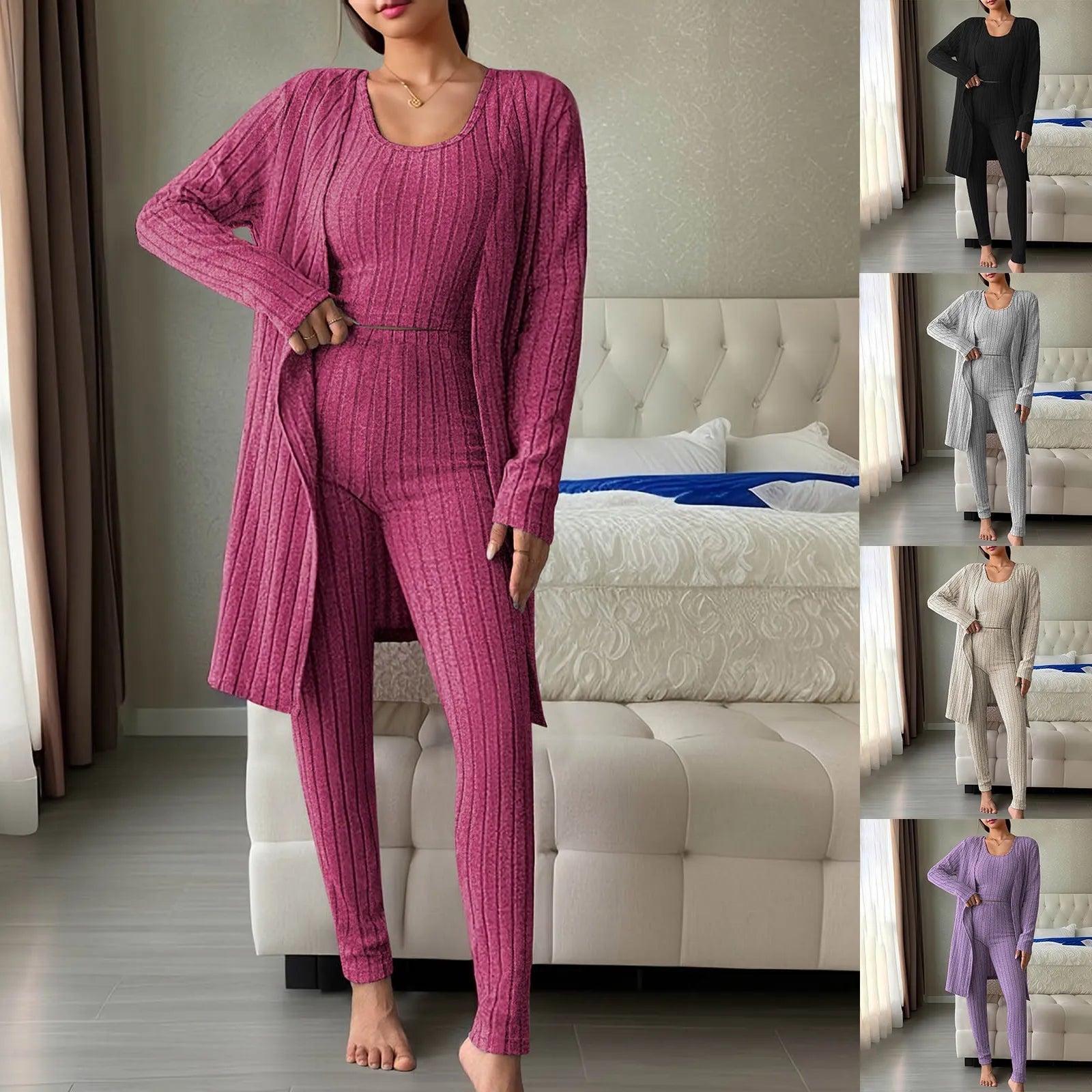 Woman wearing anime and more women's ribbed knit pajama set in gray, featuring a long cardigan and fitted bottoms.