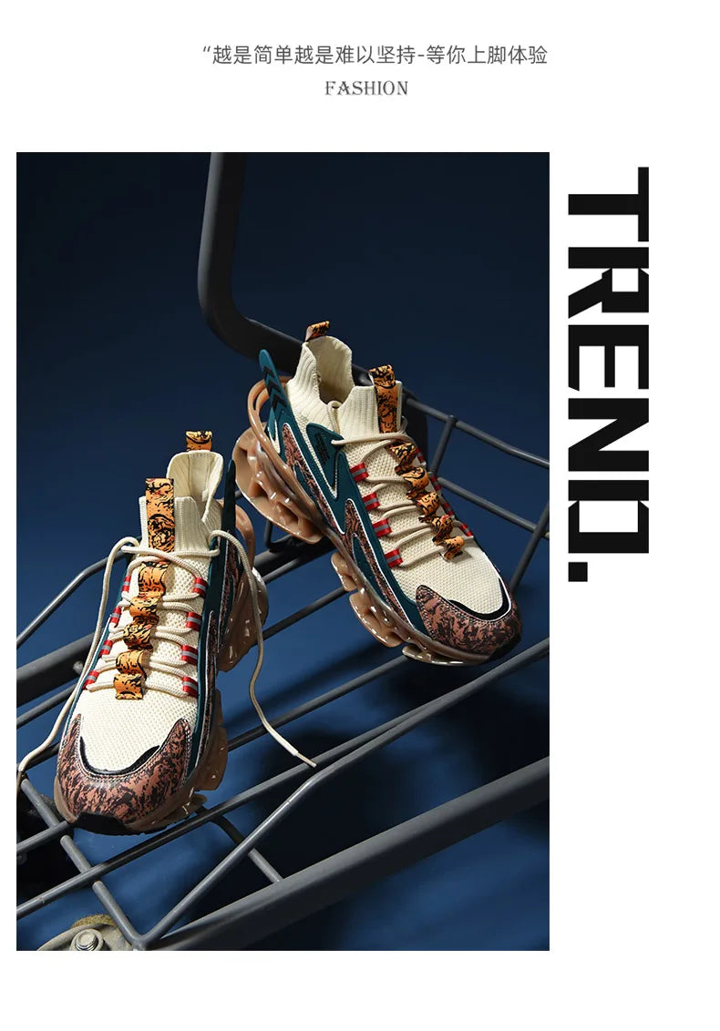 Anime and More men's running shoes with blade design and non-slip features in white and colorful accents.