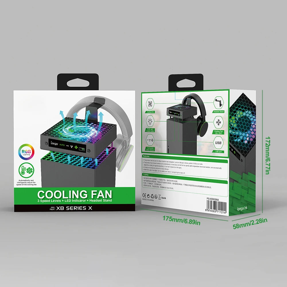 RGB Cooling Fan 3 Level Adjustable Speed Temperature-Controlled Cooling Fan System with Headset Holder for Xbox Series X