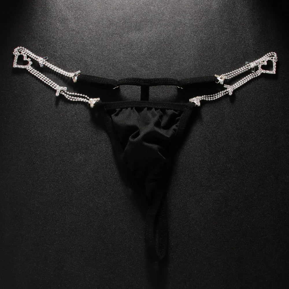 Stonefans Sexy Metal Bead Chain Rhinestone Hollow Heart Thong Women Black Cloth Panties Body Chain Thong Bikini Waist Jewelry