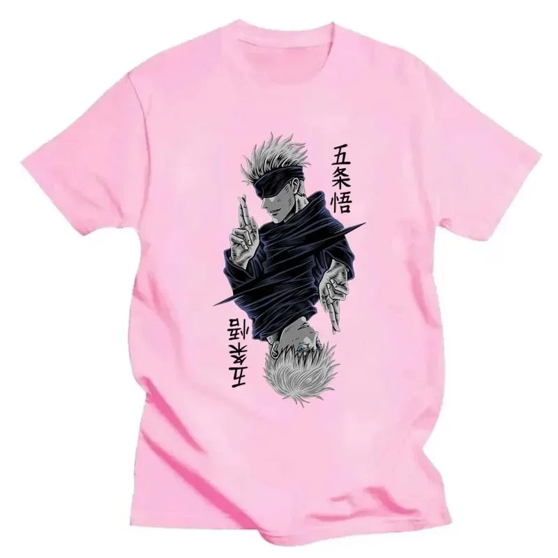 Women’s Jujutsu Kaisen Satoru Gojo T-shirt. Black & white O-neck, short sleeves, anime print, perfect for casual summer streetwear.