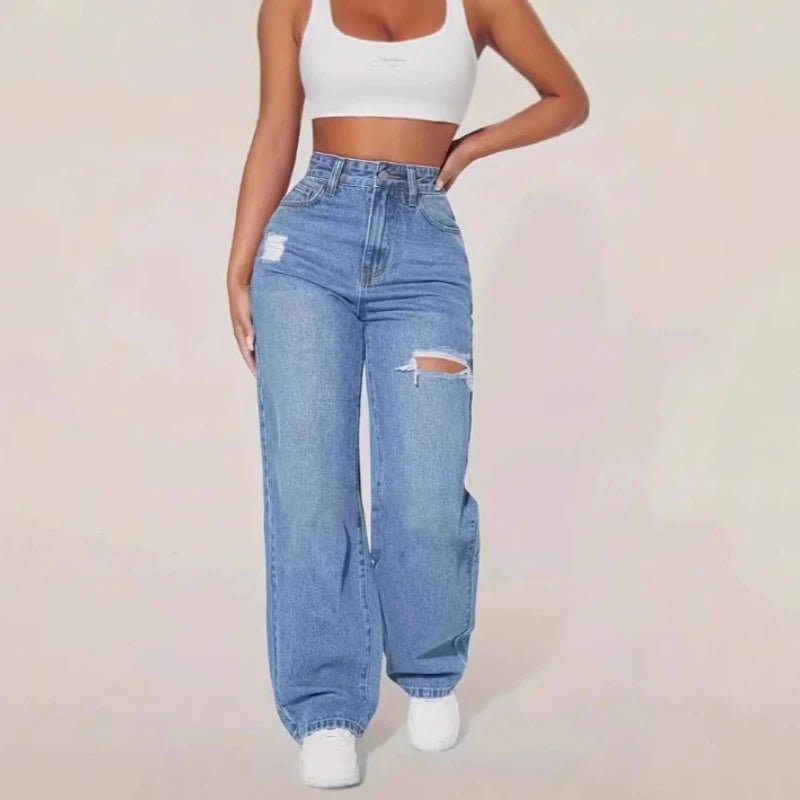 Mom Jeans Women Denim Pant Wide Leg Long Pants Hole High Waist Straight Trousers Y2k Streetwear Work Splice Casual 2025 Punk