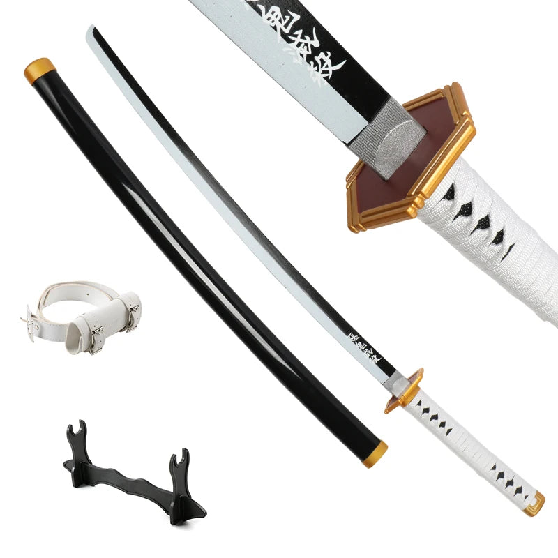 Collection of colorful anime swords with unique designs and a display stand, showcasing samurai katana styles.