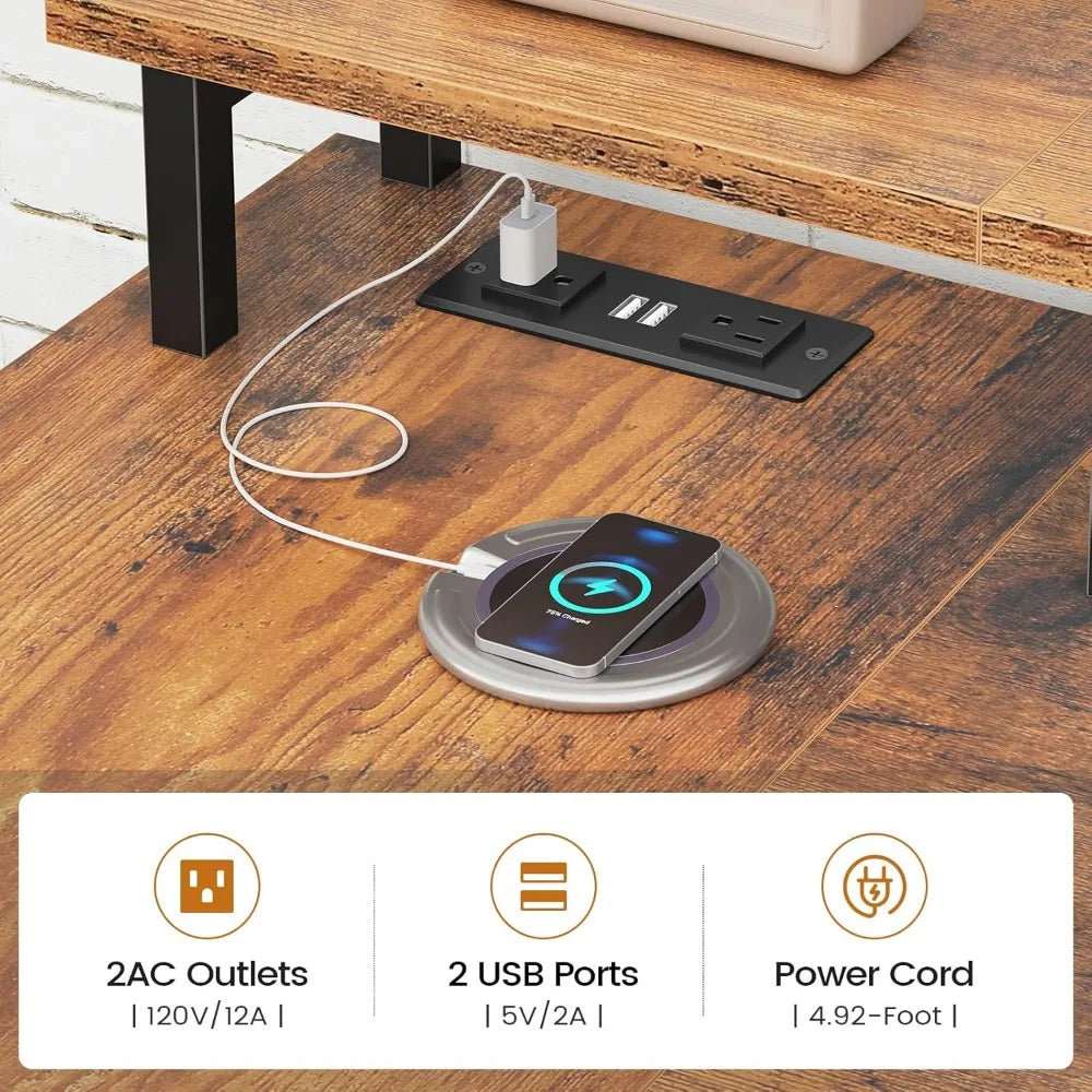 L Shaped Desk with 4 Drawers and Storage Shelves, L Shaped Gaming Desk with LED Lights & Power Outlets, Computer Desk with Shel