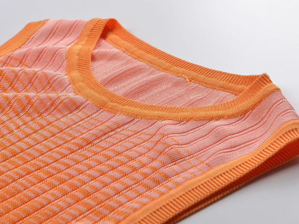 ZJYT New Summer Fashion Gradient Color Long Knitting Dresses for Women Elegant O Neck Sleeveless Vacation Dress Female Vestidos