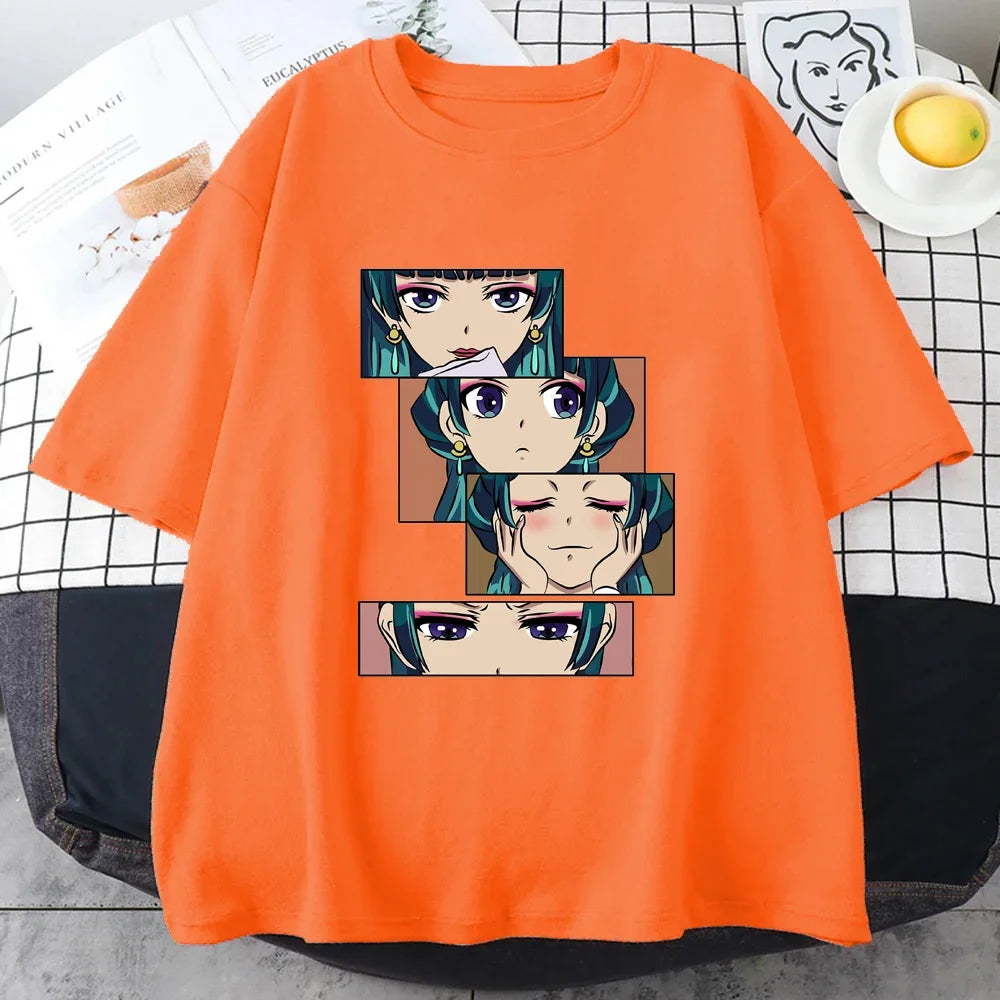 Women’s Harajuku anime T-shirt featuring The Apothecary Diaries graphic. Cute, casual top perfect for streetwear, cosplay, or everyday wear.