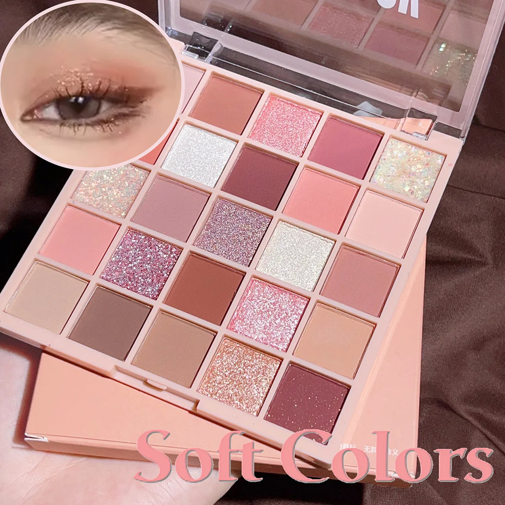 Soft Orange-Brown Eyeshadow Palette Makeup – 25 Oat Milk Tea Shades with Glitter & Pearl for Korean Natural Style