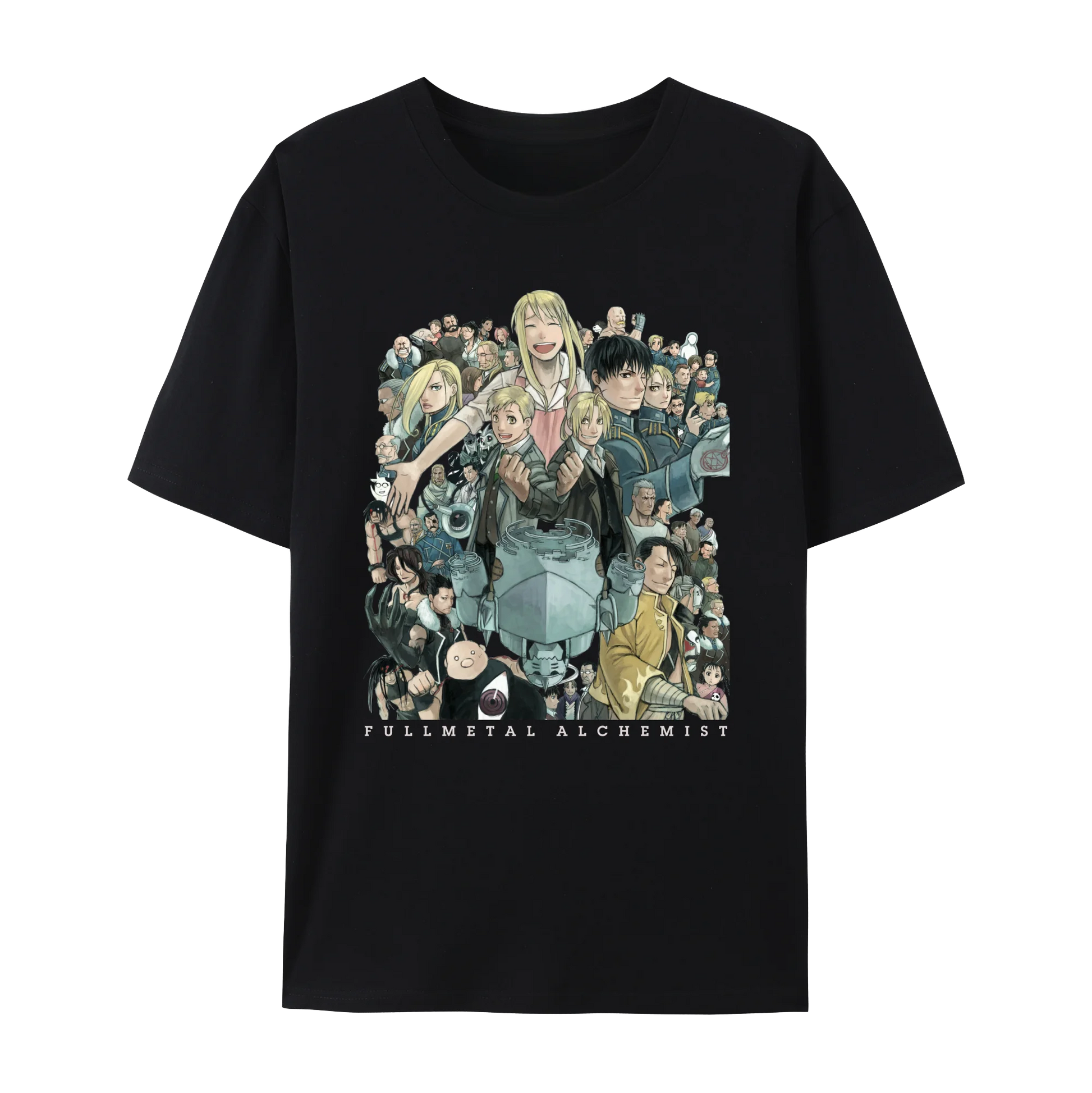 Fullmetal Alchemist graphic cotton t-shirt featuring Edward and Alphonse with anime characters, unisex crewneck design.