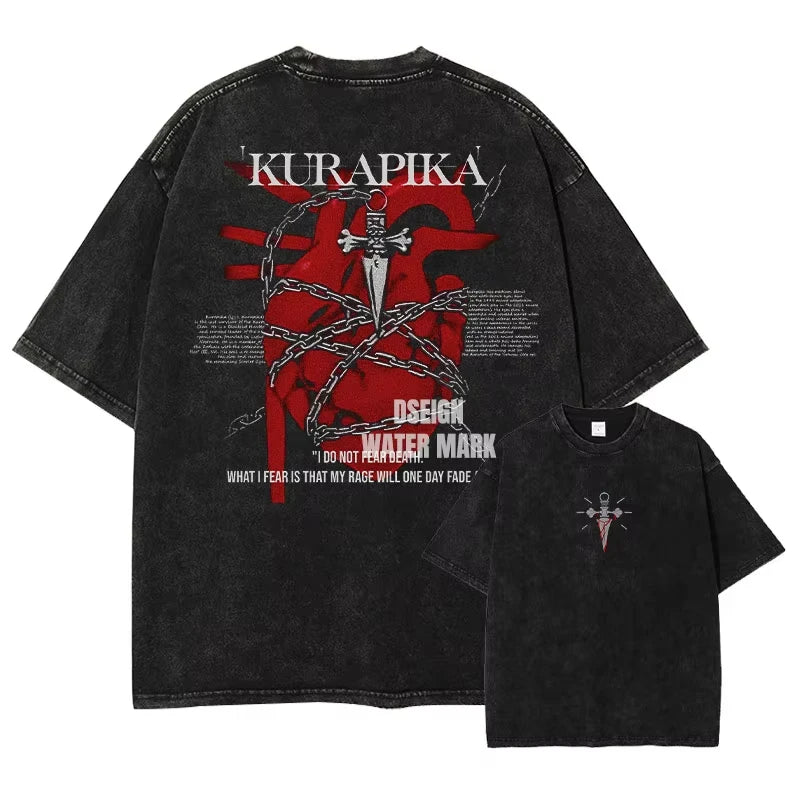 Hunter Killua Zoldyck T-shirts Vintage Washed Anime Kurapika T Shirt Oversized Streetwear Manga Gon Tops Tees Men 100% Cotton