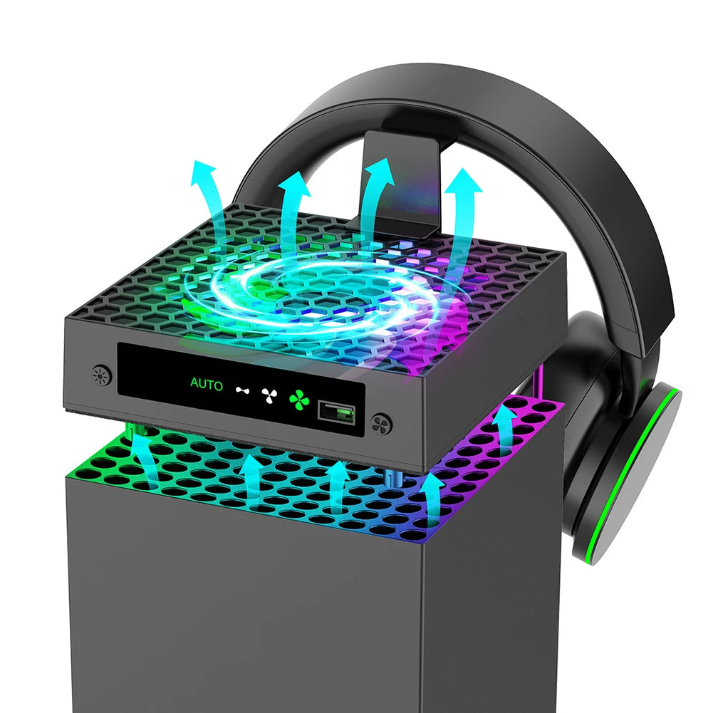 RGB Cooling Fan 3 Level Adjustable Speed Temperature-Controlled Cooling Fan System with Headset Holder for Xbox Series X