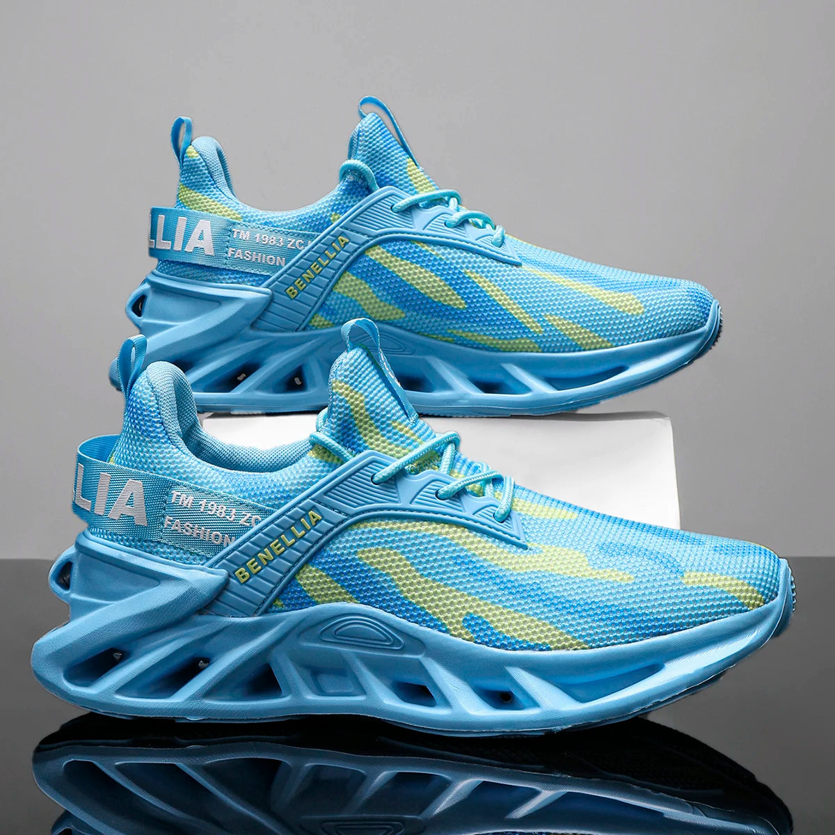 Blue lace-up running shoes for men and women with a stylish design and comfortable fit.