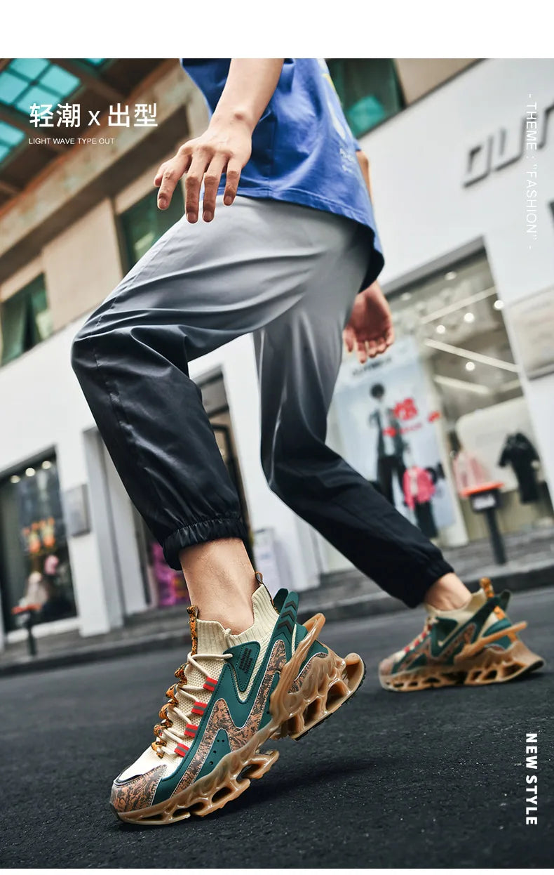 Anime and More men's running shoes with blade design and non-slip features in white and colorful accents.