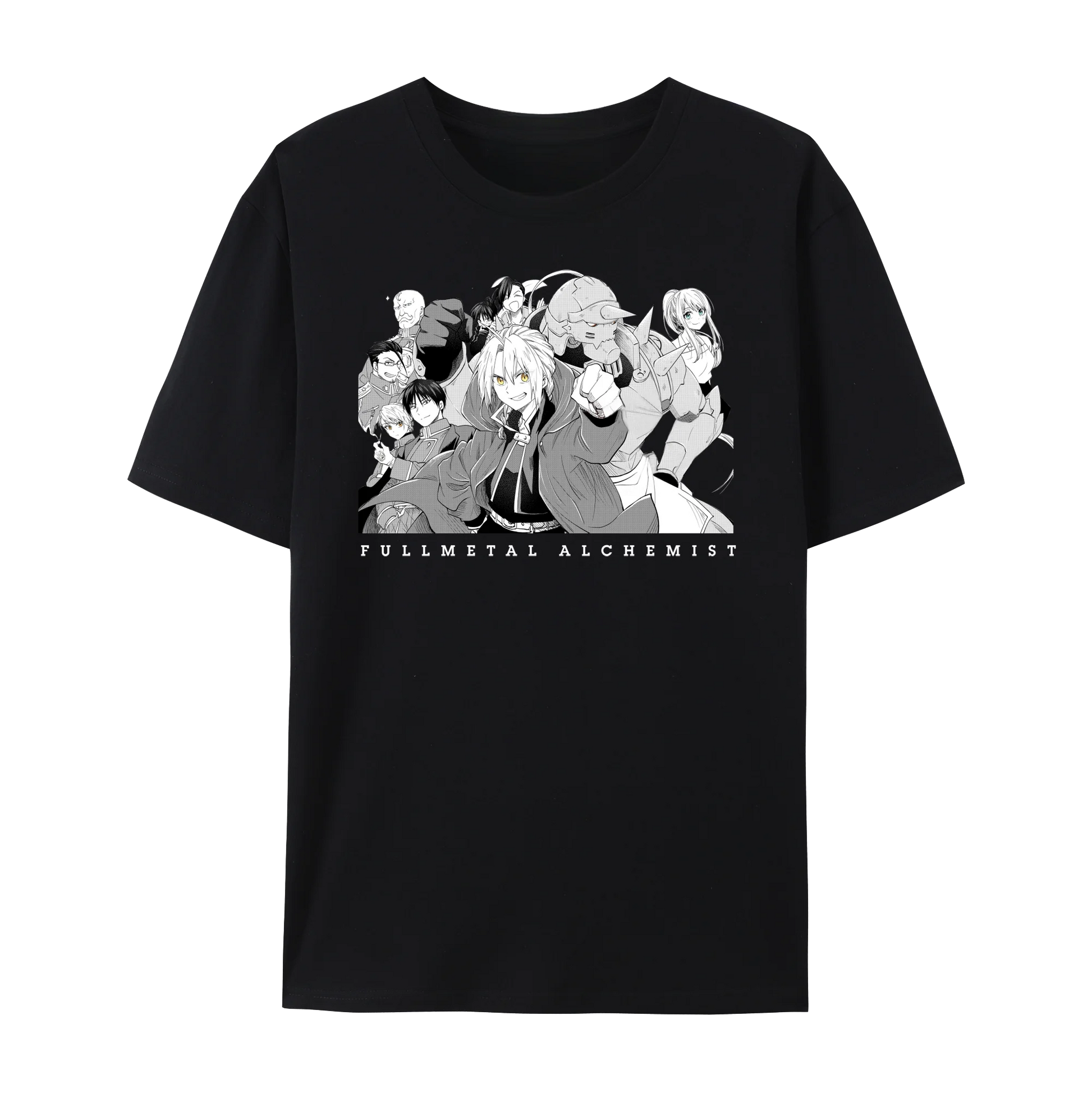 Fullmetal Alchemist graphic cotton t-shirt featuring characters from the anime on a black short sleeve shirt.