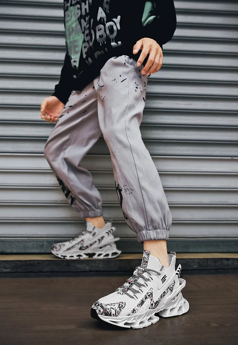 Anime and More men's running shoes with blade design and non-slip features in white and colorful accents.