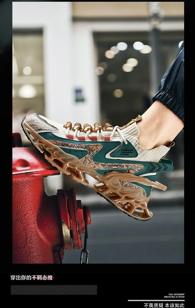 Anime and More men's running shoes with blade design and non-slip features in white and colorful accents.