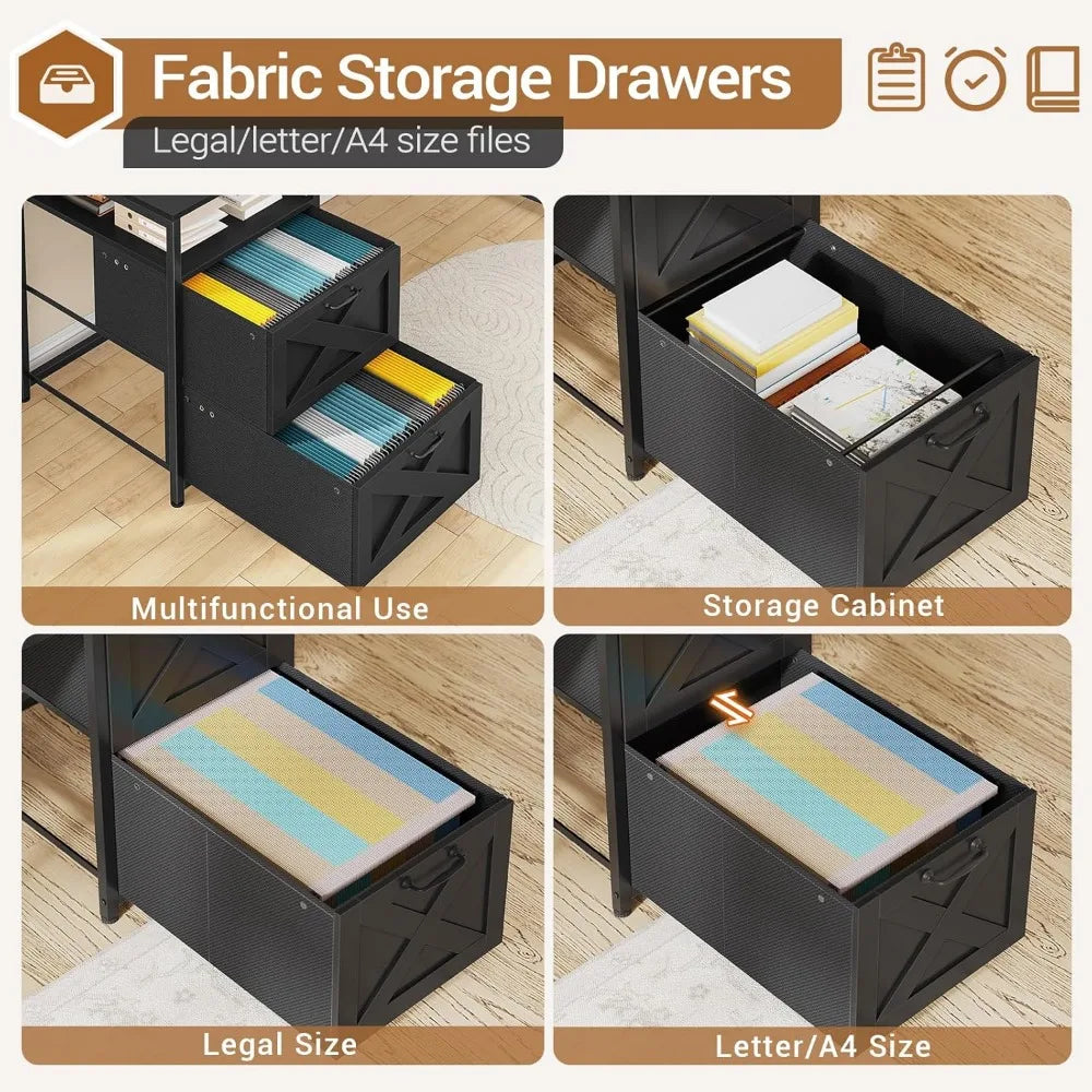 67" L Shaped Desk with Drawers, Computer Office Desk with Storage Shelves & Power Outlet, Reversible Gaming Desks with LED Ligh