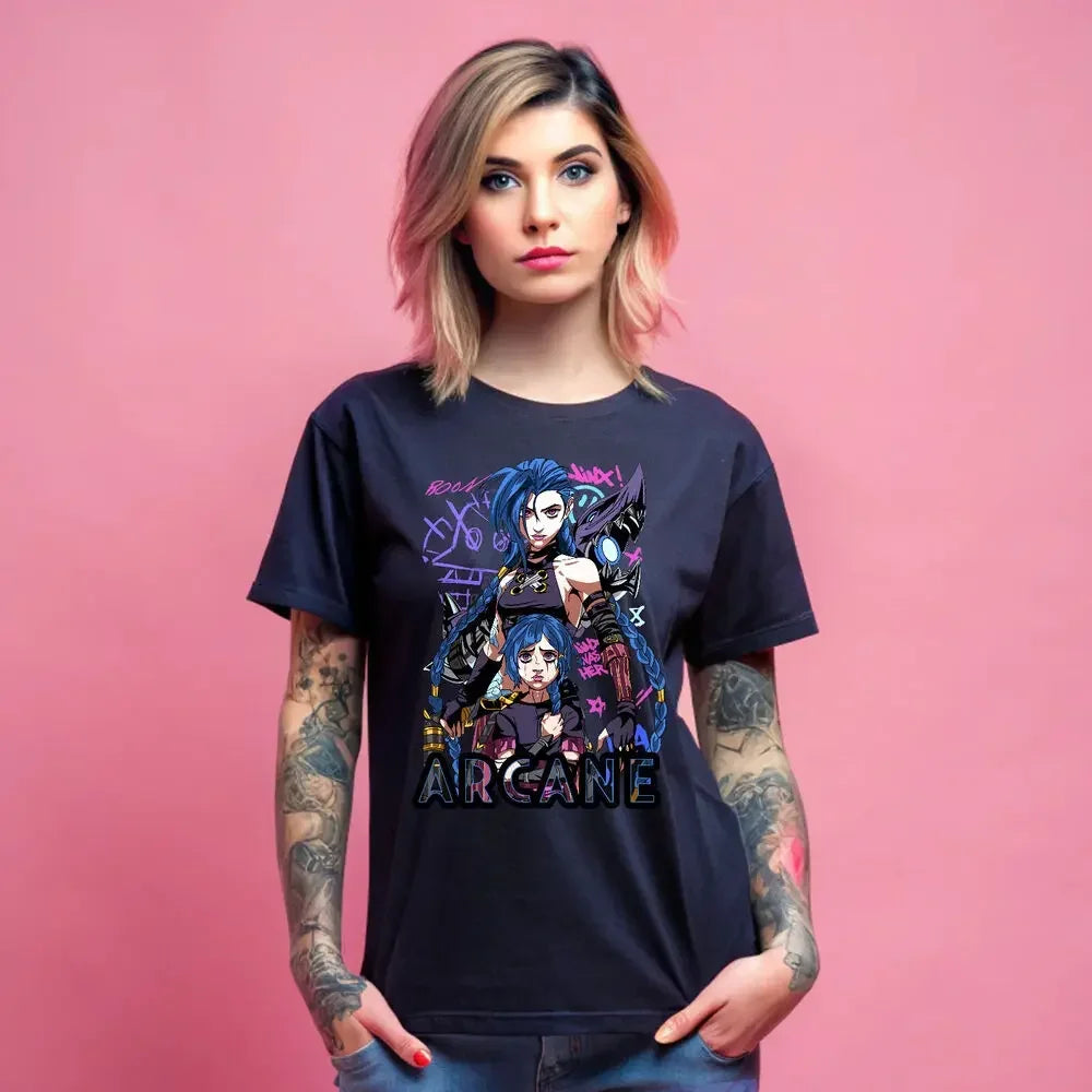 Oversized Jinx Arcane anime T-shirt. Black graphic tee with Japanese cartoon design, perfect for women’s casual streetwear and fan clothing.