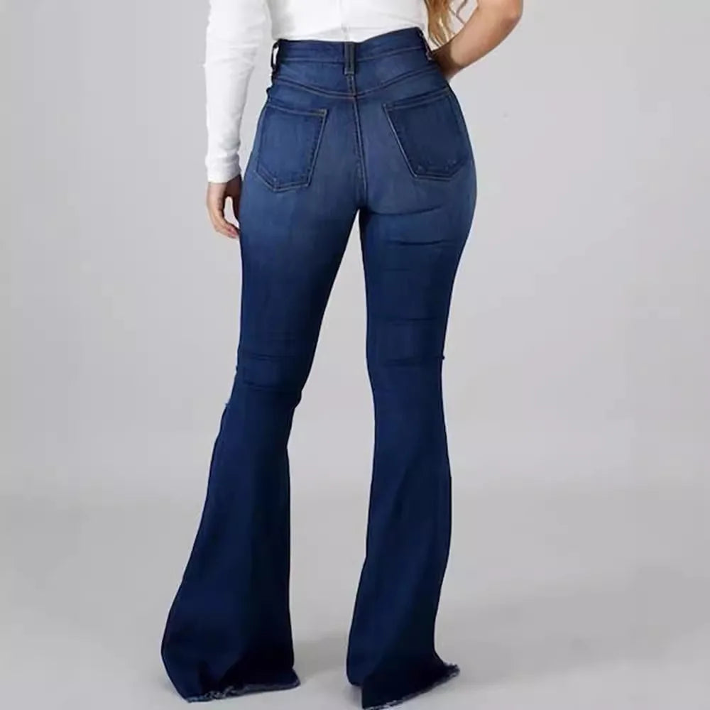 Denim Flare Pants Women Hole Jeans Boot Cut High Waist Stretch Pockets Distressed Washed Streetwear 2025 Floor Length Trousers