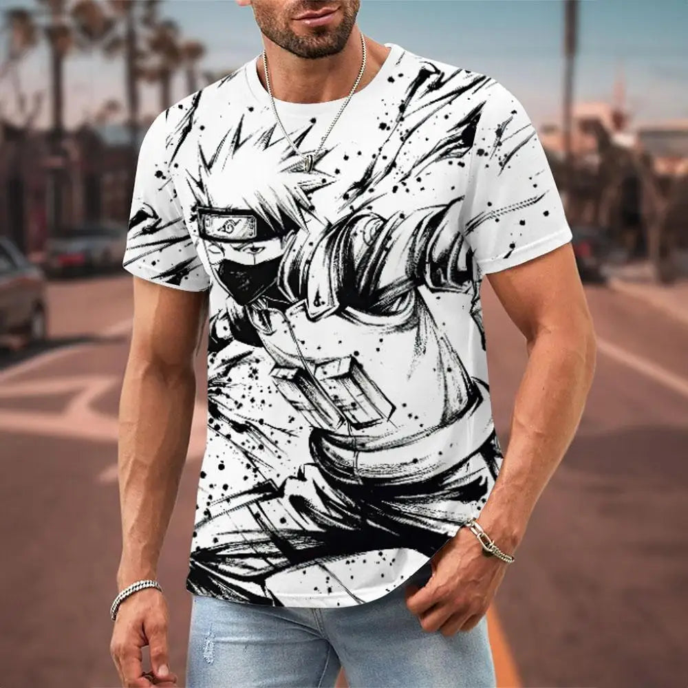 MINISO Naruto Men's T Shirt Japanese Anime 3D Prints Casual Short Sleeve Tees Street Oversized Clothing Fashion Cartoon T-Shirts
