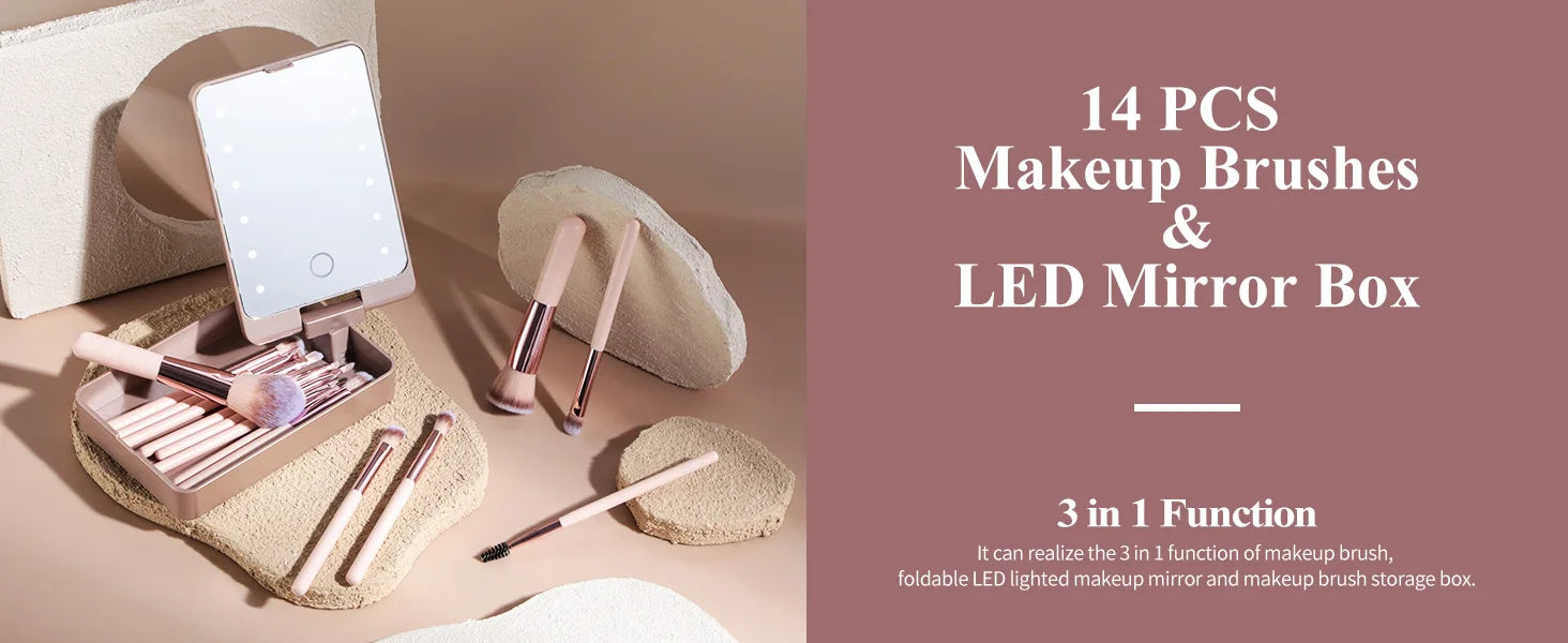 14-Piece Makeup Brush Set with Illuminated Mirror, Portable Short Handle,LED Light,USB Rechargeable Makeup Brushes Kit