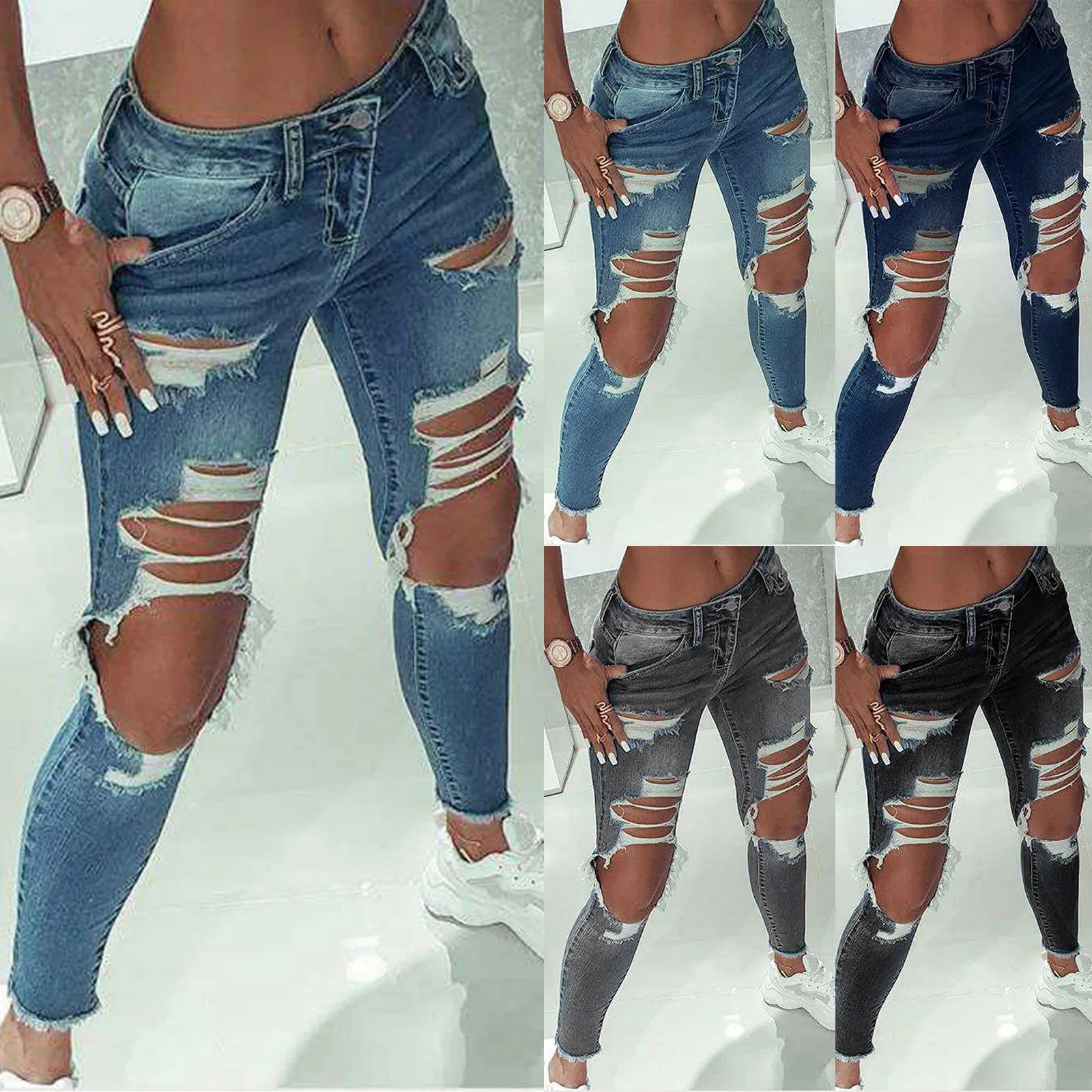 Mid waist women's distressed jeans with ripped detail, paired with stylish white sneakers for a trendy look.