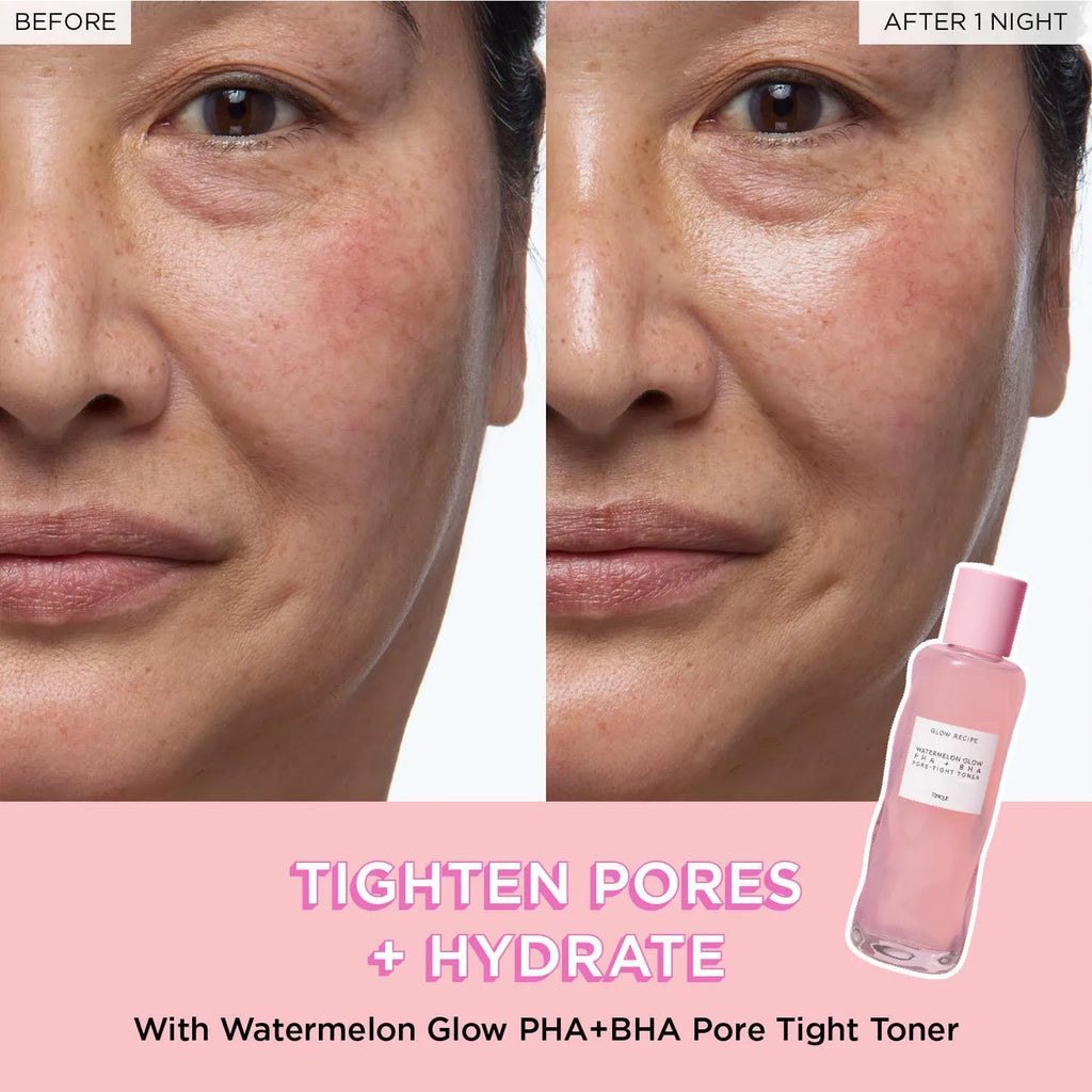 Glow Recipe PHA + BHA Face Toner bottle with pink cap and watermelon glow formula for hydration and pore tightening.