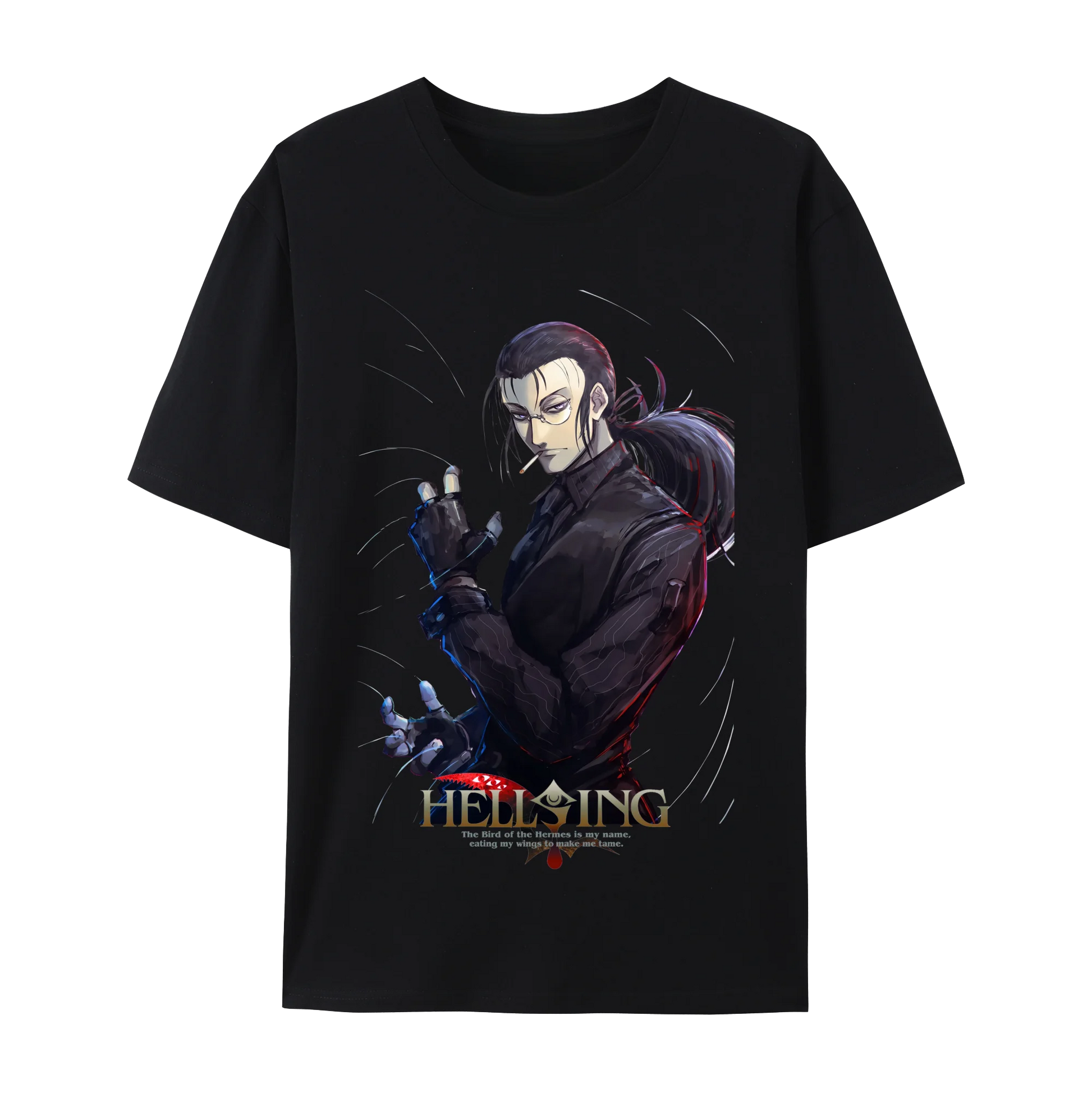 Alucard graphic cotton t-shirt from Hellsing, featuring a dark character design on a black background.