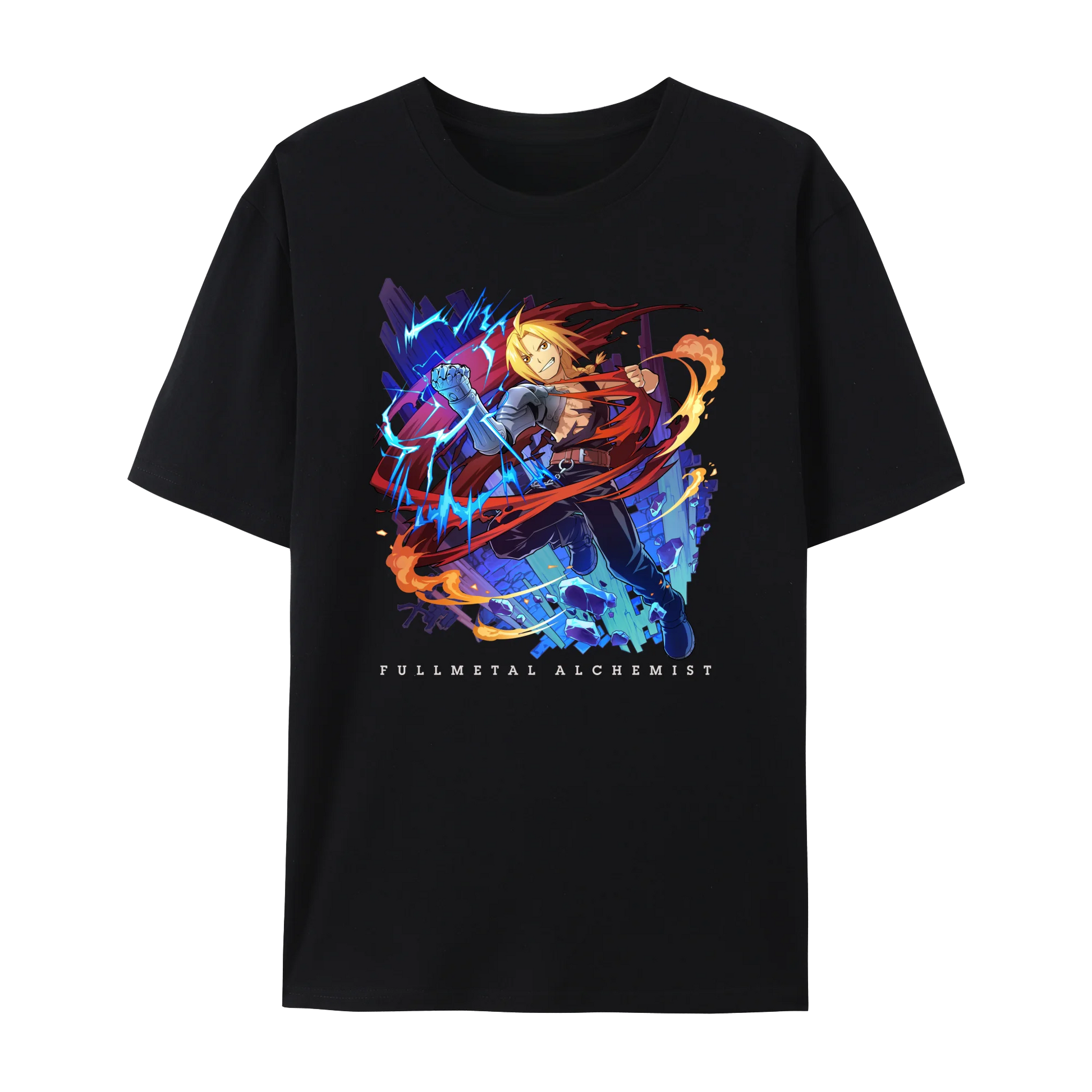Fullmetal Alchemist graphic cotton t-shirt featuring Edward Elric in action, unisex short sleeve crewneck design.