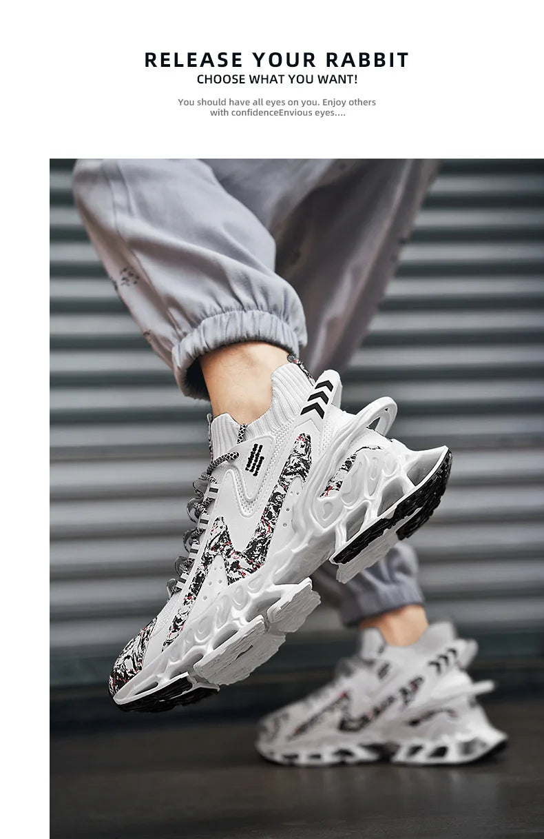 Anime and More men's running shoes with blade design and non-slip features in white and colorful accents.