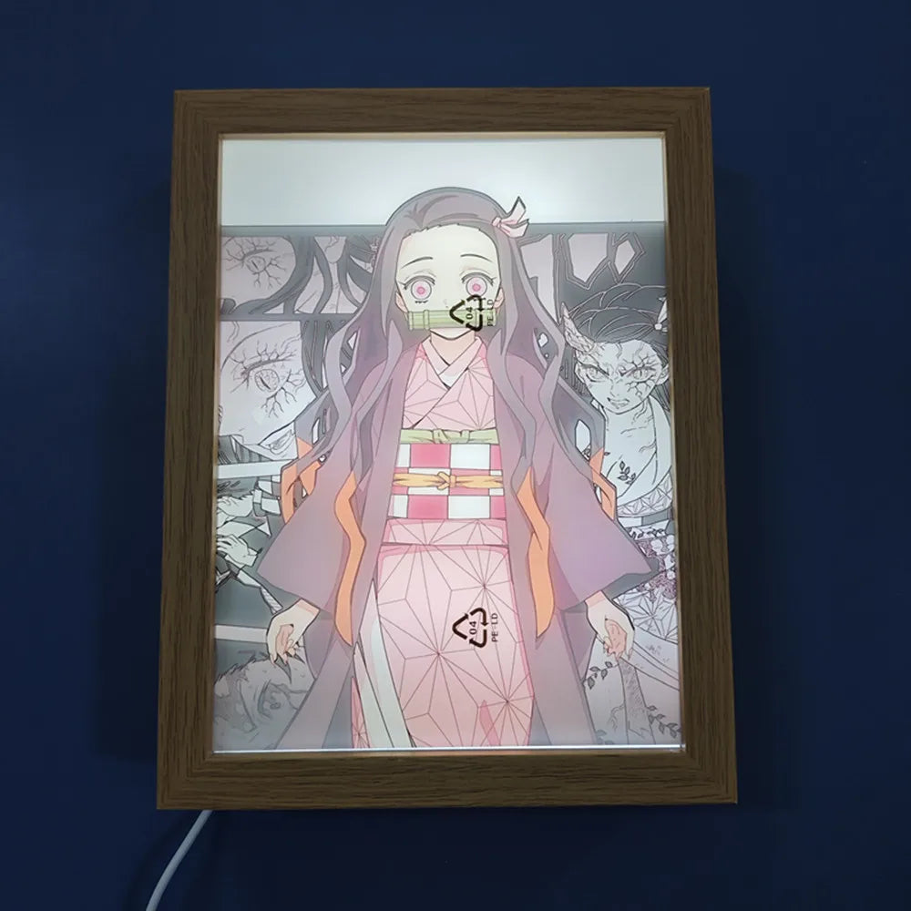 Anime Figure Light Painting Photo Frame Demons Slayer Kimetsu No Yaiba Tanjirou Action Led Lamps Bedroom Decor Chirstmas Gifts