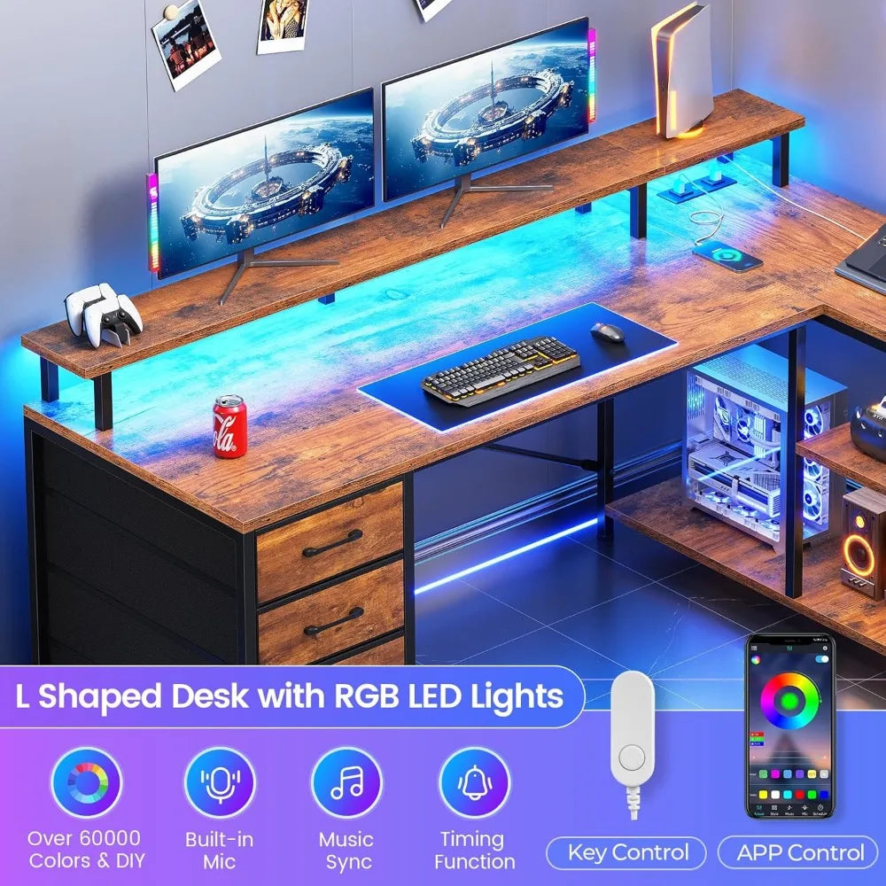 L Shaped Desk with 4 Drawers and Storage Shelves, L Shaped Gaming Desk with LED Lights & Power Outlets, Computer Desk with Shel