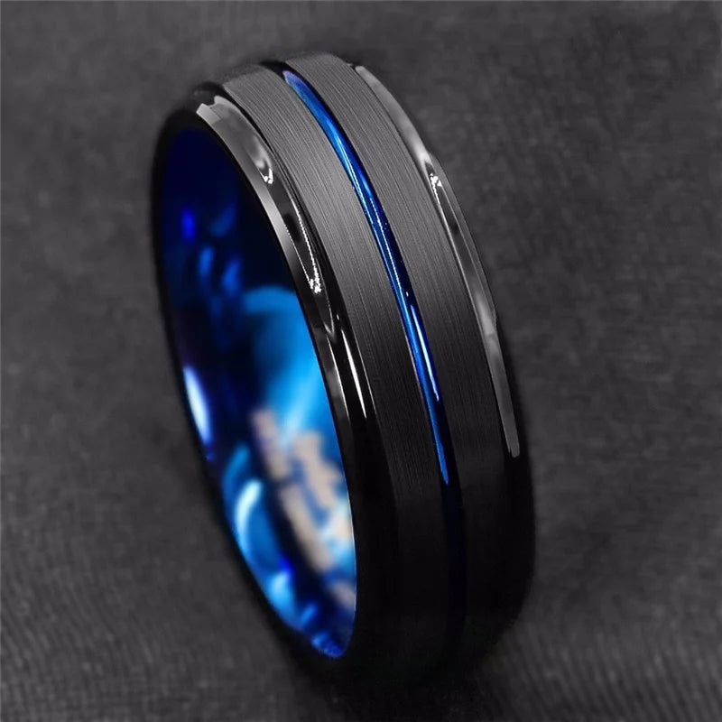 Fashion 8mm Men's Black Tungsten Wedding Band Rings Blue Groove Beveled Edge Engagement Ring for Male Valentine Gifts Jewelry