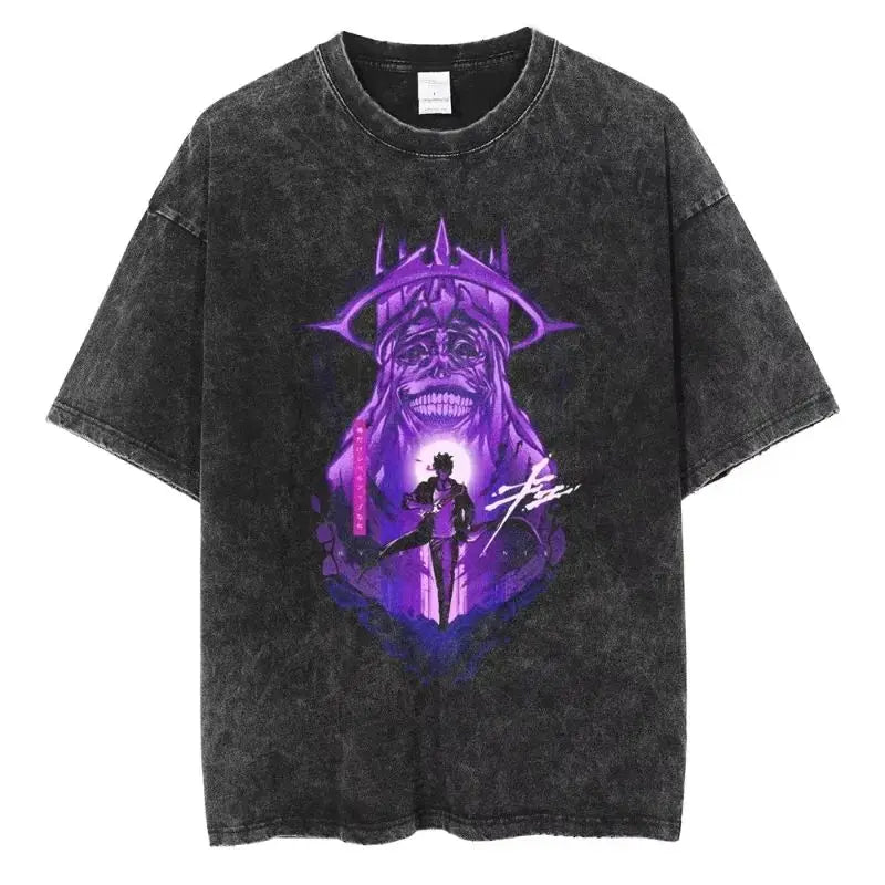 Men's and women's T-shirt plus size Harajuku unisex washed cotton T-shirt Hot Anime Solo Leveling Song Jinyu printed T-shirt
