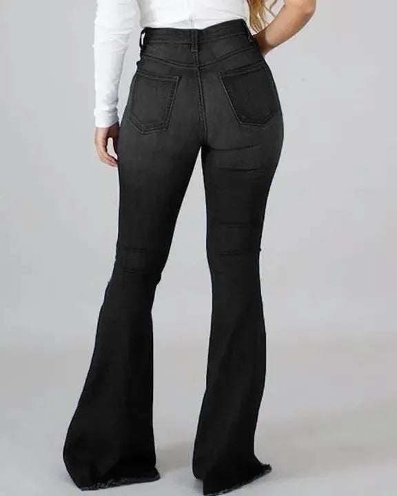 Denim Flare Pants Women Hole Jeans Boot Cut High Waist Stretch Pockets Distressed Washed Streetwear 2025 Floor Length Trousers