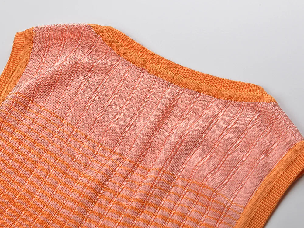 ZJYT New Summer Fashion Gradient Color Long Knitting Dresses for Women Elegant O Neck Sleeveless Vacation Dress Female Vestidos