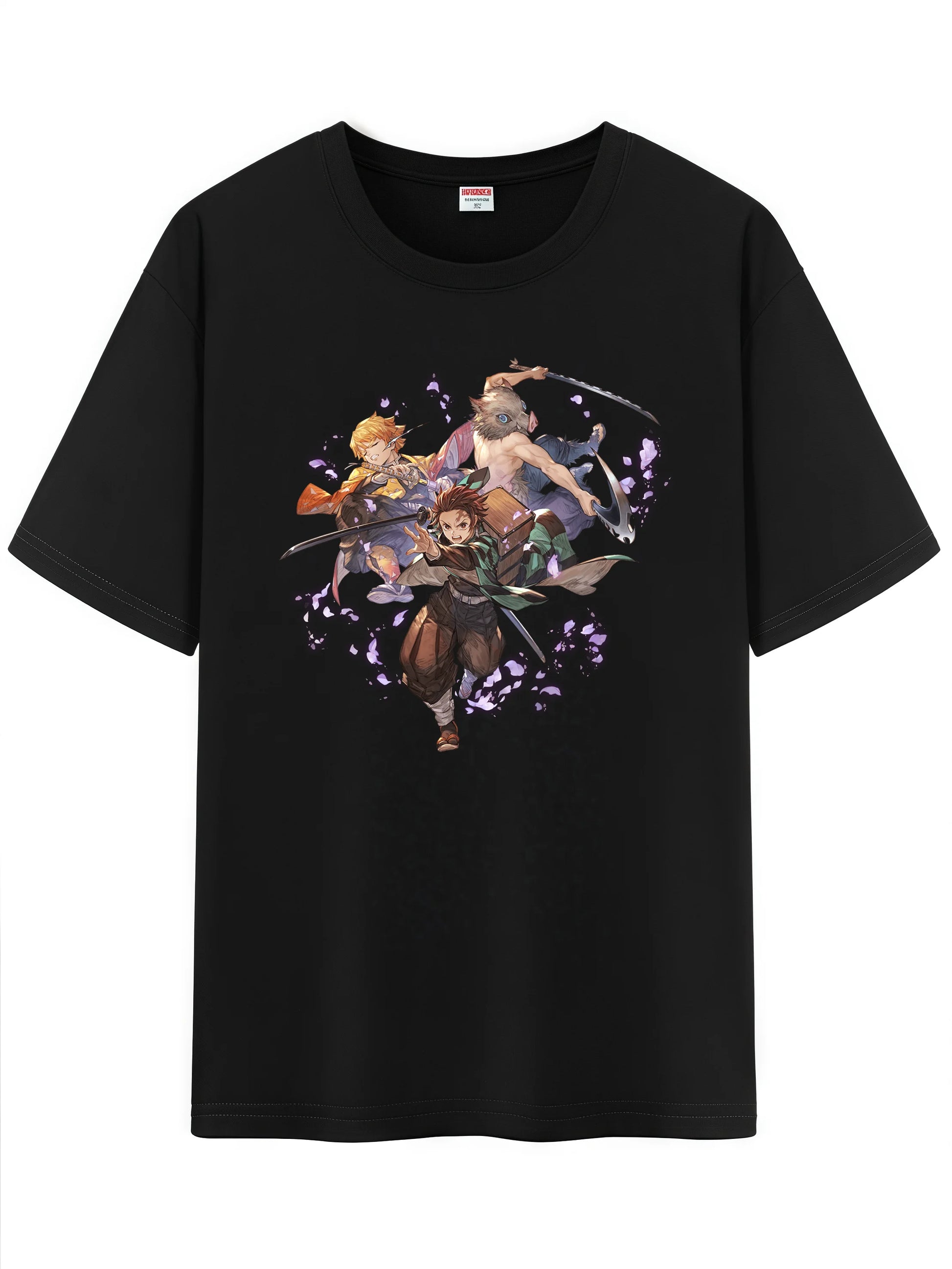 Black unisex t-shirt featuring vibrant Japanese anime characters from Demon Slayer in a colorful design.