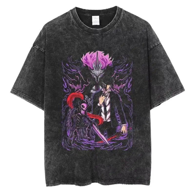 Men's and women's T-shirt plus size Harajuku unisex washed cotton T-shirt Hot Anime Solo Leveling Song Jinyu printed T-shirt
