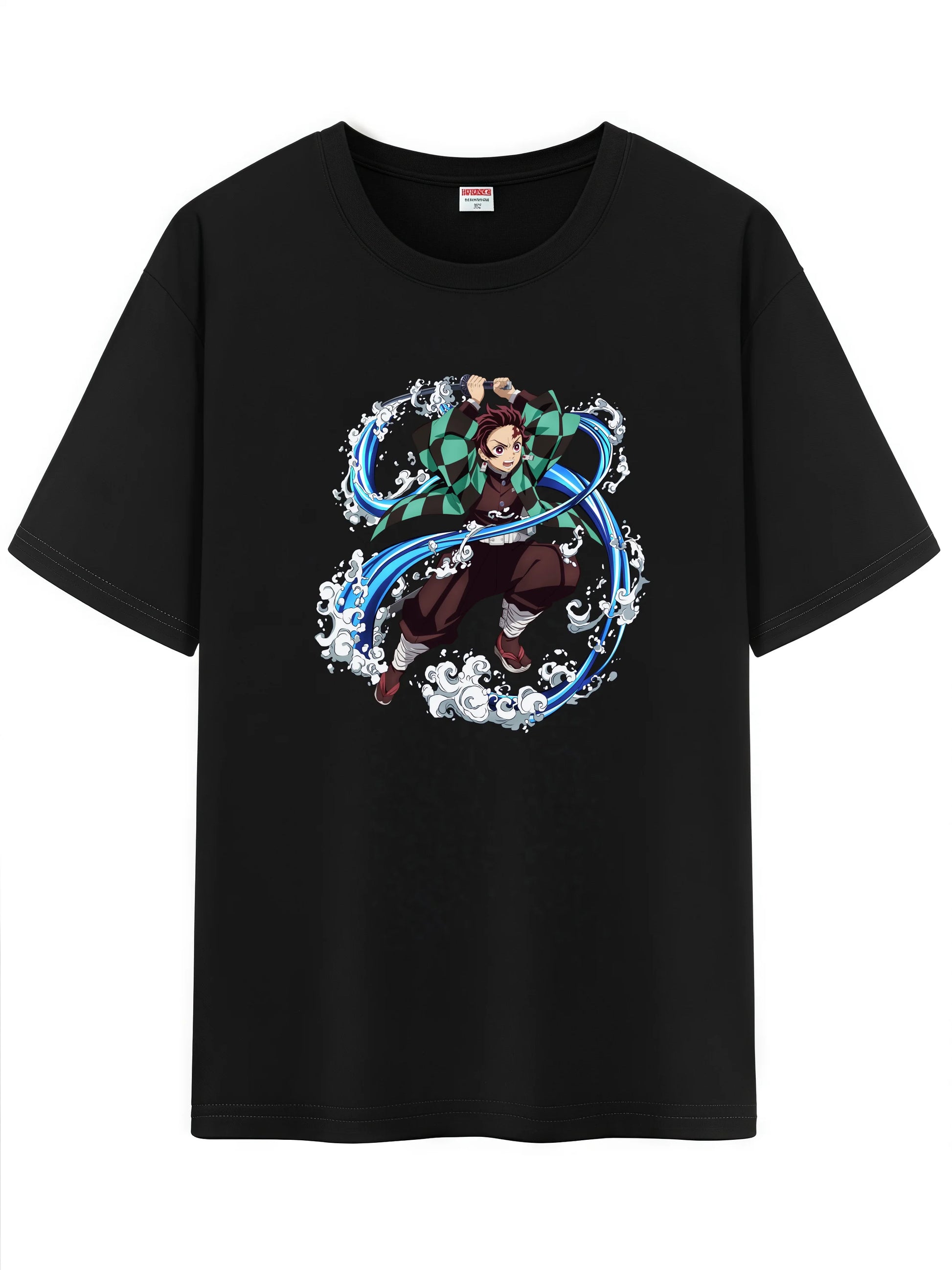 Black unisex t-shirt featuring Japanese anime character with dynamic design and colorful waves.