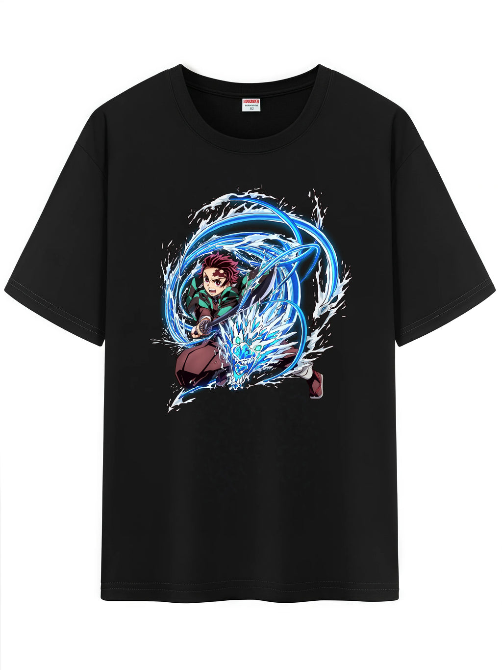 Unisex black t-shirt with a vibrant anime print featuring a character in an action pose surrounded by blue energy.