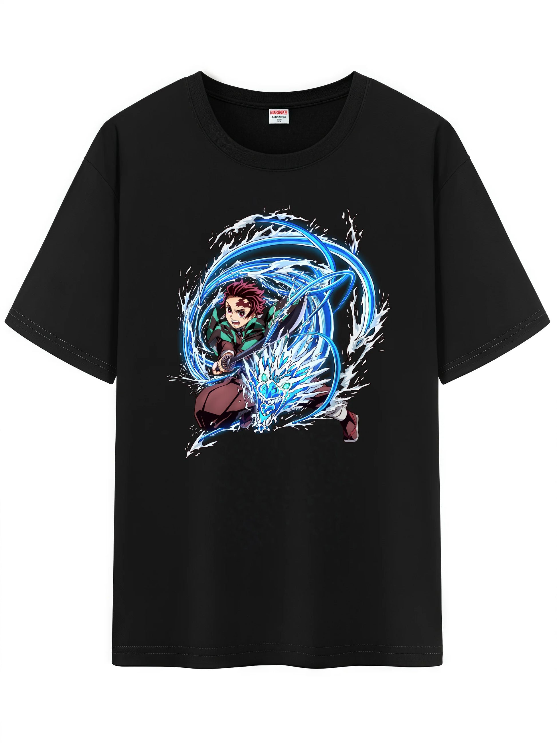 Unisex black t-shirt with a vibrant anime print featuring a character in an action pose surrounded by blue energy.