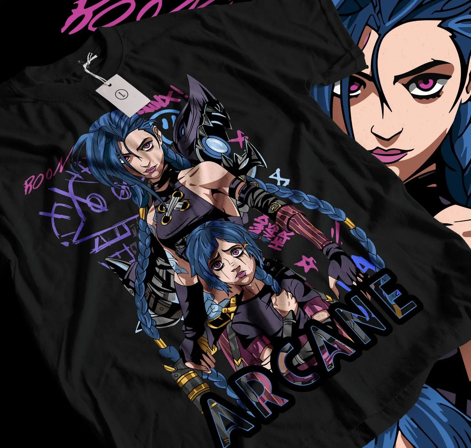 Oversized Jinx Arcane anime T-shirt. Black graphic tee with Japanese cartoon design, perfect for women’s casual streetwear and fan clothing.