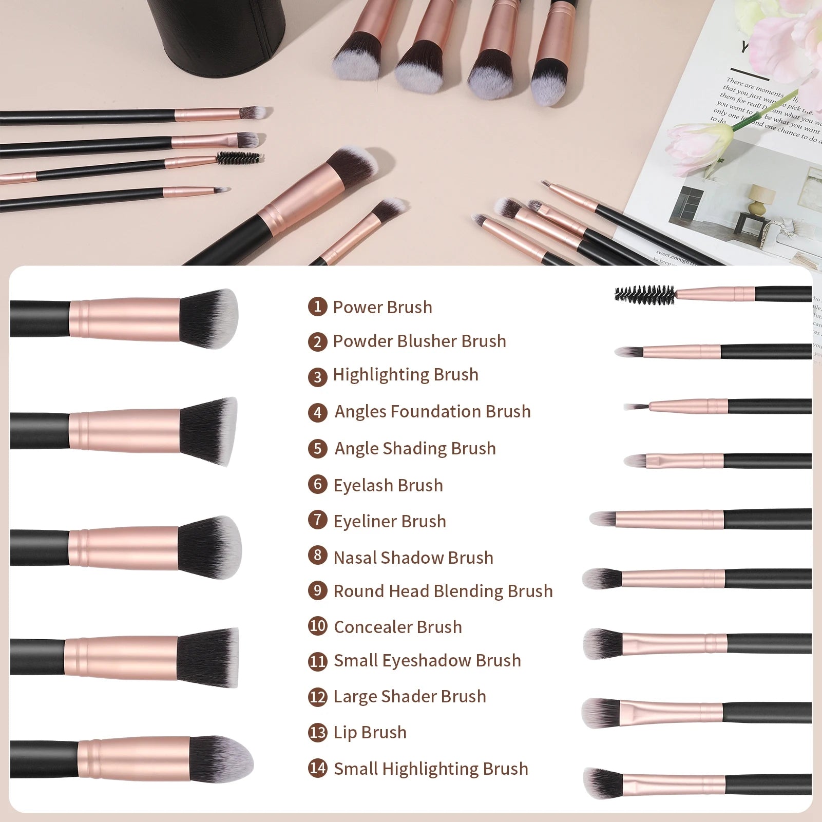 14PCS Makeup Brushes Set With PU Leather Holder, Premium Synthetic Professional Makeup Brushes for Full Face Make Up