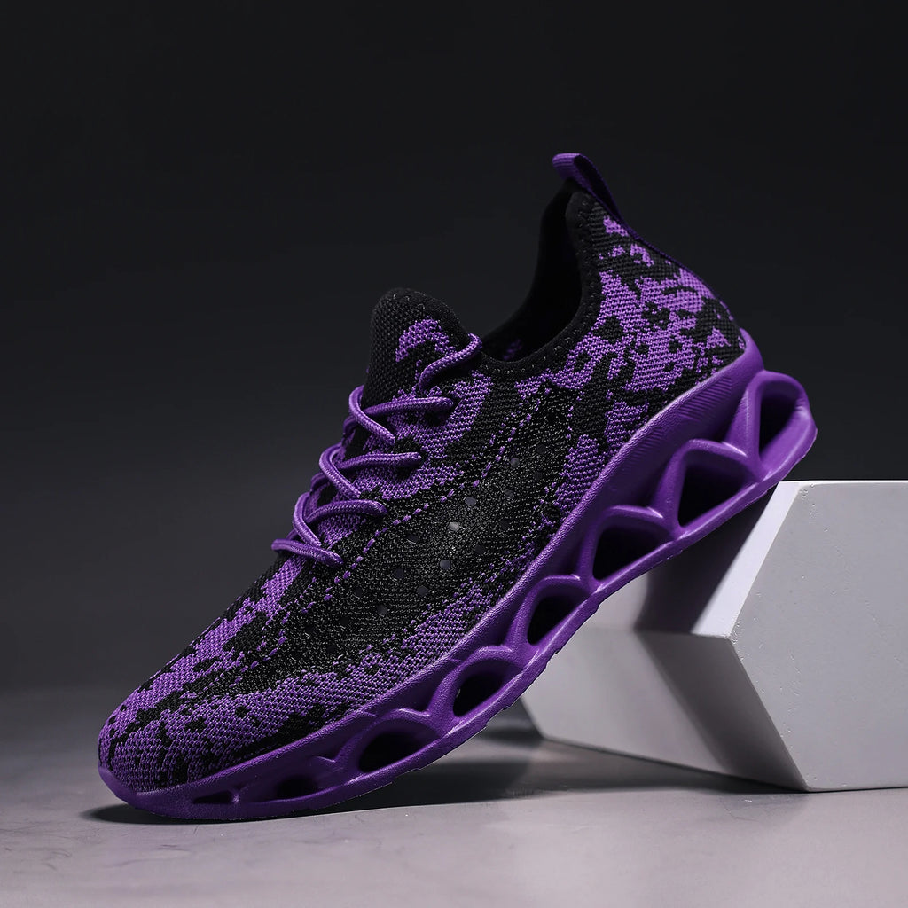 Purple and black patterned orthopedic sneakers for women, featuring a lace-up closure and flat heel design.