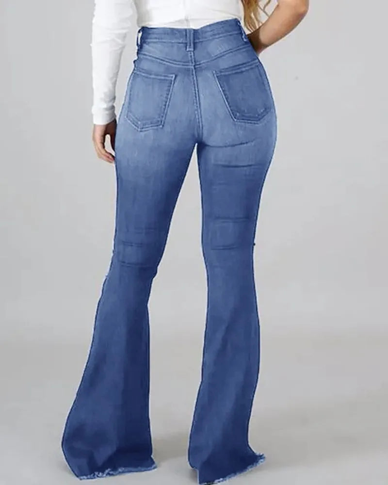 Denim Flare Pants Women Hole Jeans Boot Cut High Waist Stretch Pockets Distressed Washed Streetwear 2025 Floor Length Trousers