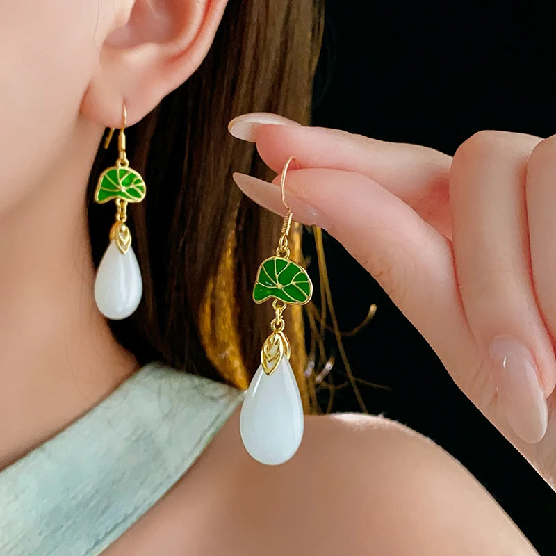 Lily Of The Valley Leaf Water Drop Resin Dangle Earrings For Women Partysu New In Earring Hook Vintage Fashion Cheongsam Jewelr