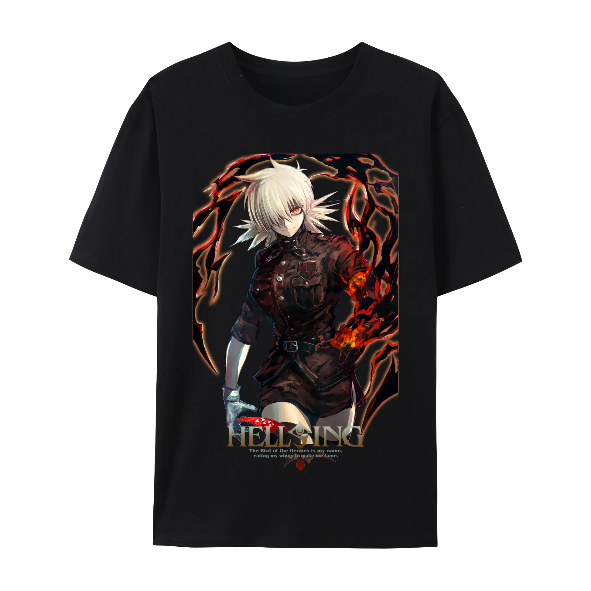 Alucard graphic cotton t-shirt featuring Hellsing character design, perfect for anime fans and casual wear.