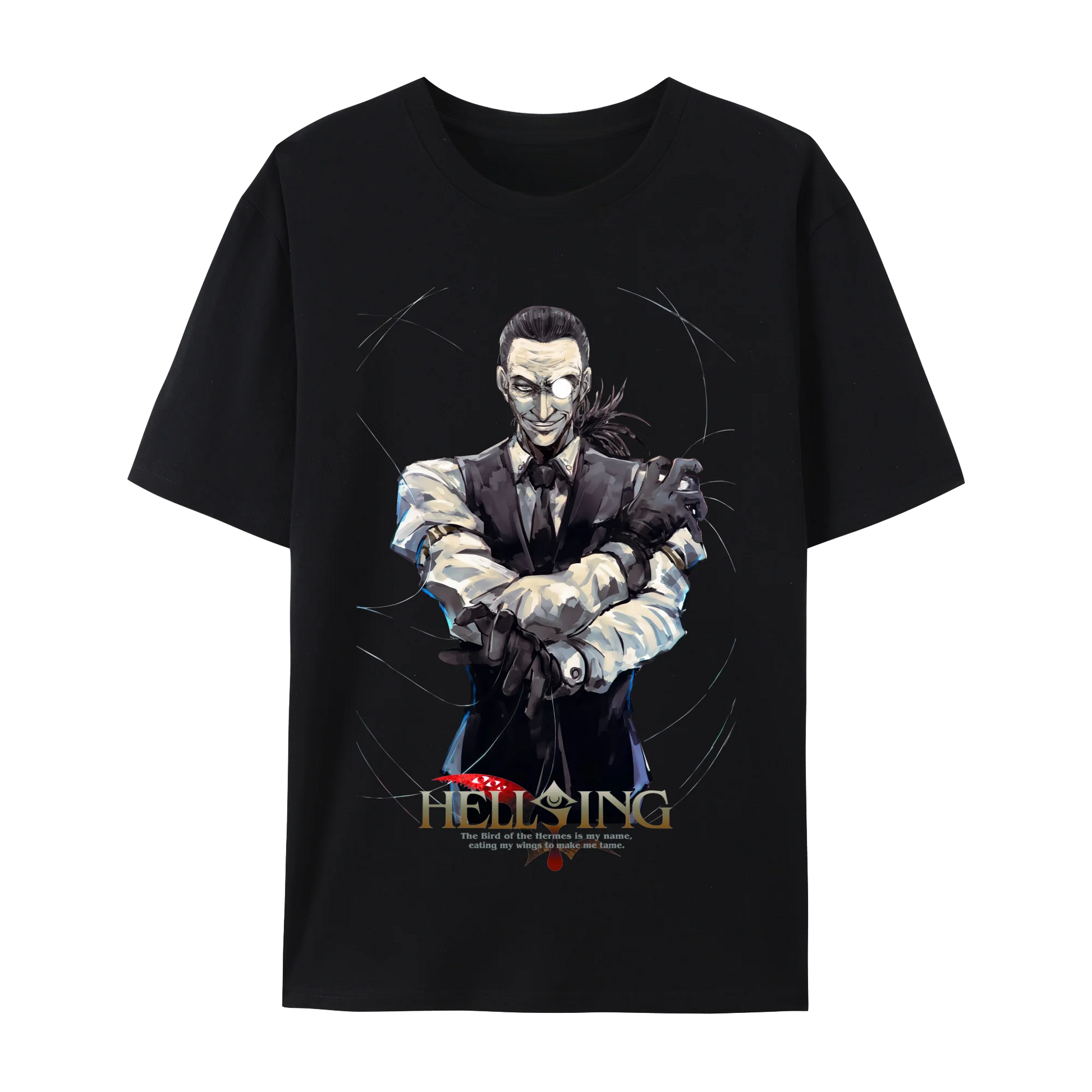 Alucard graphic cotton T-shirt featuring a dark design from Hellsing, perfect for anime fans and casual wear.