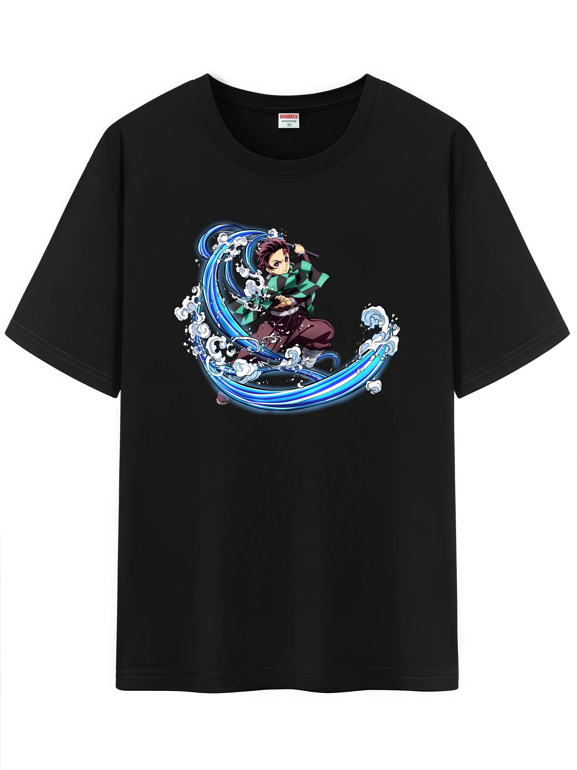 Unisex Japanese anime pattern t-shirt featuring a character amidst stylized waves on a black background.