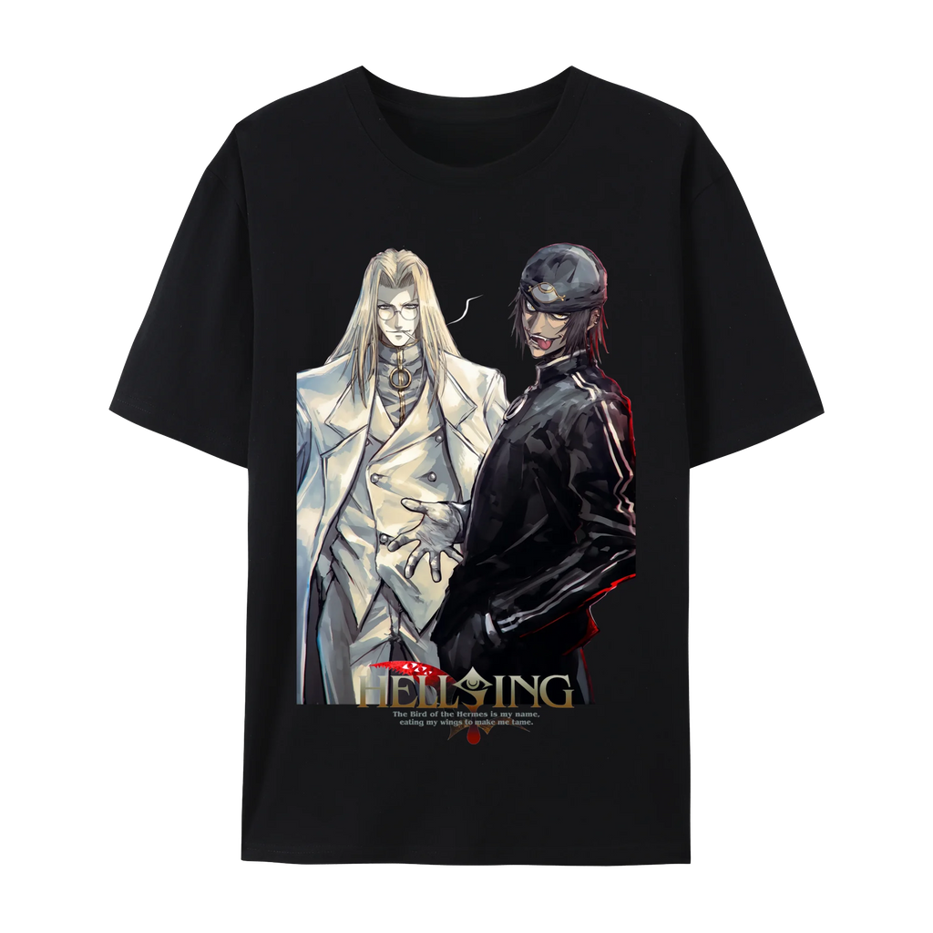 Alucard graphic cotton t-shirt featuring anime characters on a black background, suitable for all seasons.